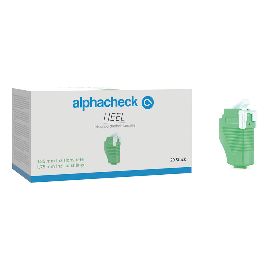 [U10102] alphacheck HEEL Inzisions-Sicherheits- lanzetten 0,85 x 1,75 mm (20 Stck.)