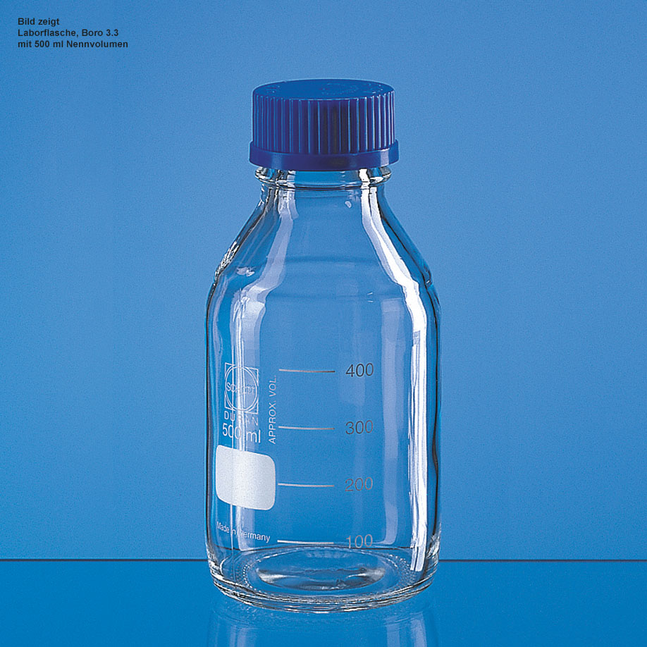 [U11394] Laborflasche, Boro 3.3, 250 ml, mit Teilung, GL 45, mit Schraubkappe und Ausgießring PP – 10 Stück