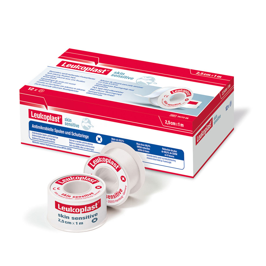 Leukoplast Skin Sensitive Rollenpflaster im Schutzring, 1,0 m x 2,50 cm, weiß – 12 Rollen
