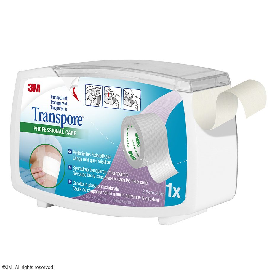 3M Transpore Fixierpflaster transparent, 2,5 cm x 5 m cm mit Abroller – 6 Stück