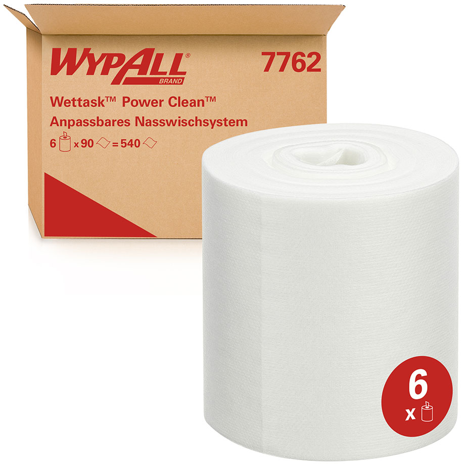 [U15865] WypAll Wettask Power Clean Tücher, weiß, 30,5 x 31,8 cm (6 Rl. à 90 Bl.) 1-lagig, perforiert