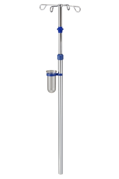 Infusionsstativ Ø 25 mm, verchromt, komplett mit Abtropfglas und Halter ohne Klaue