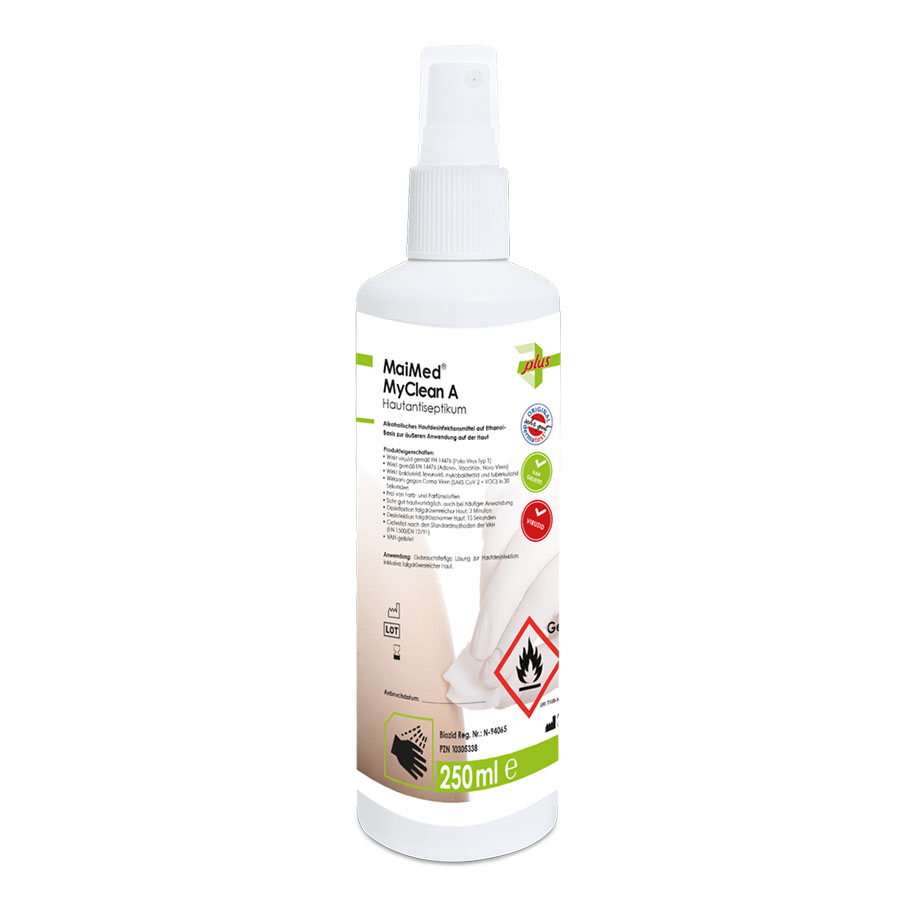 MaiMed MyClean A farblos 250 ml, Hautantiseptikum mit Sprühkopf – 12 Flaschen