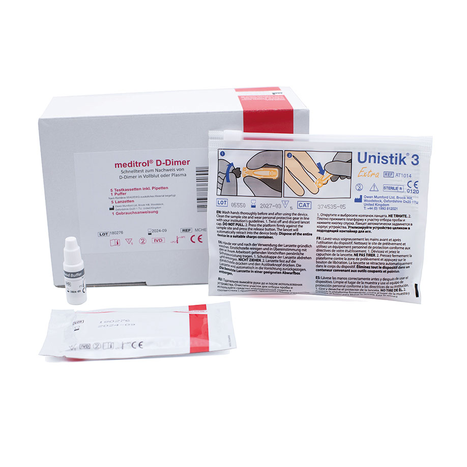 [U17158] meditrol D-Dimer Schnelltest (5 T.) inkl. Puffer, Lanzetten und Pipetten