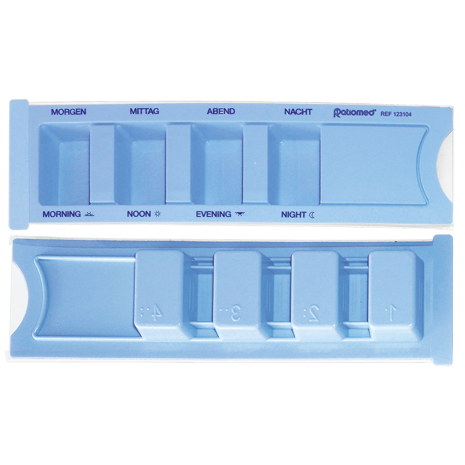 Medikamentendispenser ratiomed, blau, mit Beschriftung: deutsch/englisch, Blindenschrift, Symbole (Sonne und Mond)