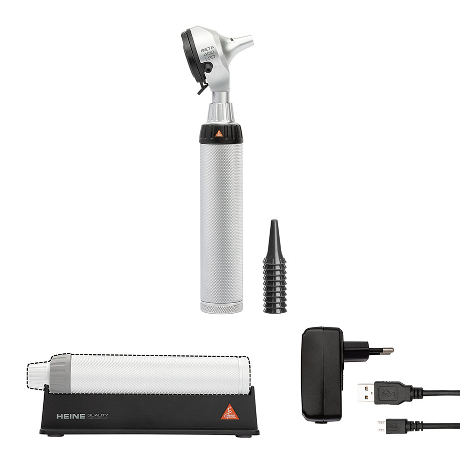 BETA 400 F.O. Otoskop-Kit LED mit BETA4 USB Ladegriff mit USB Kabel, Steckernetzteil und 10 AllSpec Einweg-Tips 4 mm, ohne Etui
