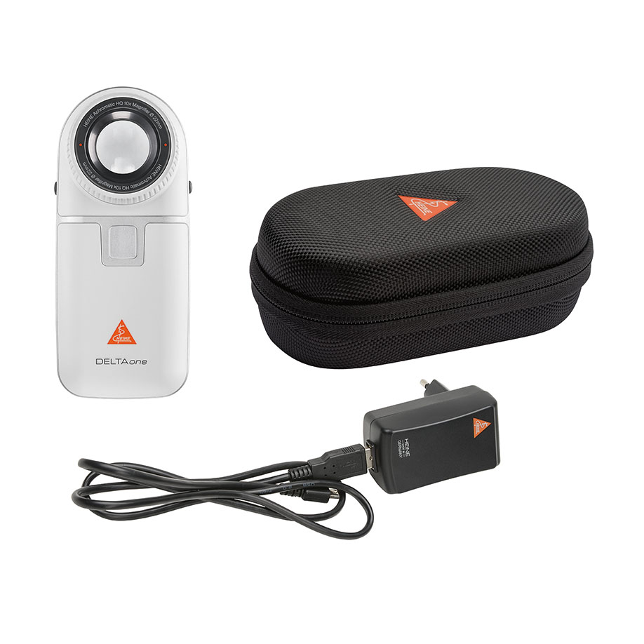 DELTAone Dermatoskop LED White Edition, weiß-silber mit Kontaktscheibe mit Skala, USB Kabel mit med. zugelassenem Steckernetzteil und Etui