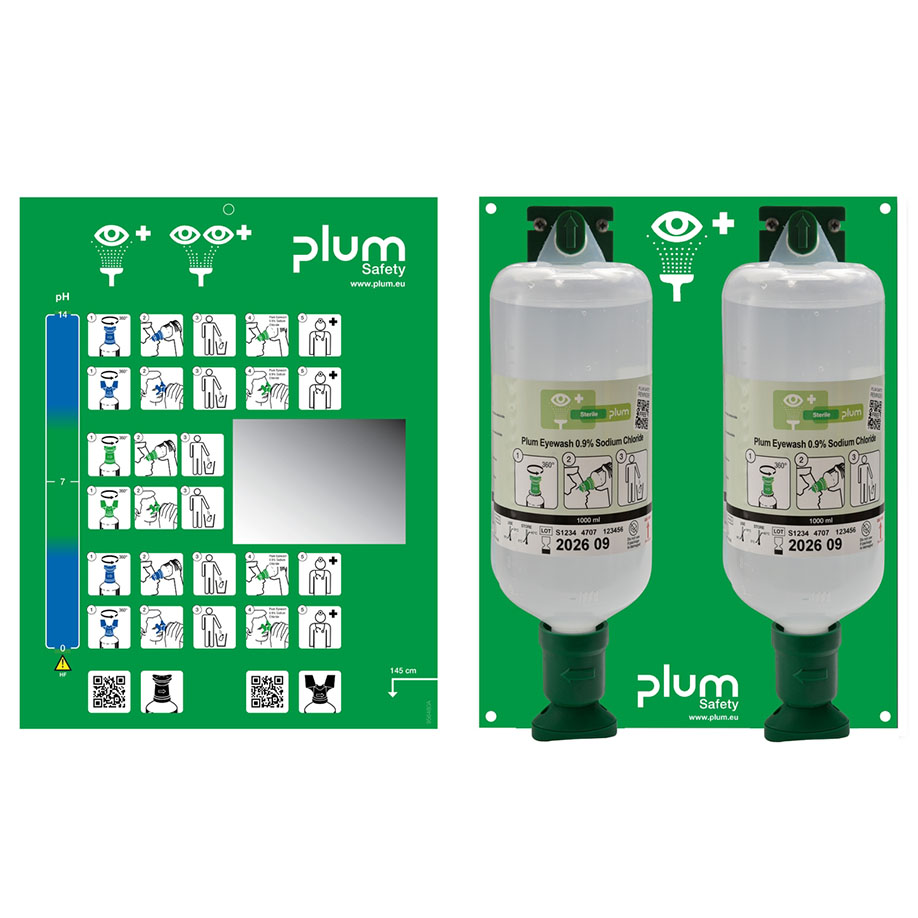 [U20812] Plum Open Station Double, 2 Flaschen inkl. Wandhalter, Piktogramm, Spiegel und Augen-Notfallplan