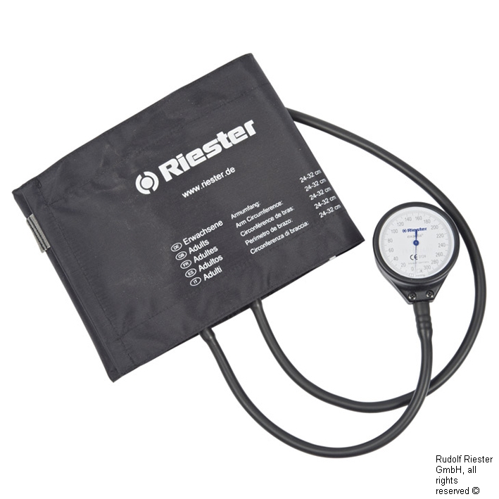 exacta Blutdruckmessgerät schwarz lackiert Ø 49 mm, 2-Schlauch, mit Klettenmanschette Erwachsene