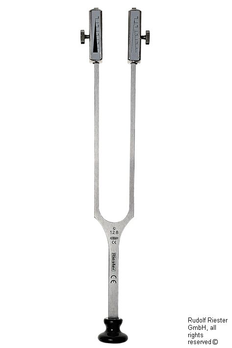 [U21413] Stimmgabel Rydel-Seiffer, c64 Hz/c128 Hz mit Fuß, Stahl, abnehmbarer Dämpfer