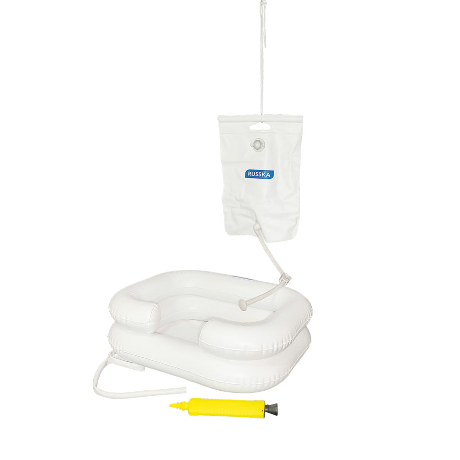 [U21429] Haarwaschwanne-Set, bestehend aus: Haarwaschwanne aufblasbar Duschvorrichtung 10 Ltr. mit Wasserdurchlauf-Clip, Handpumpe