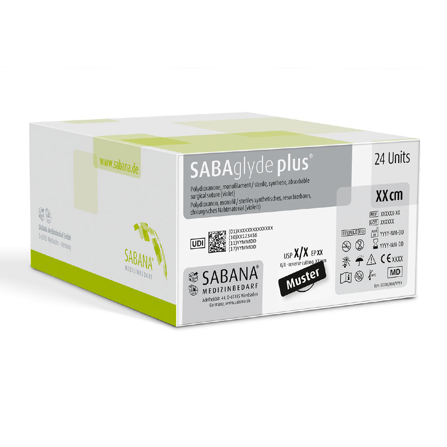SABAglyde plus 3-0=2 violett monofil Nahtmaterial Fadenlänge 45 cm (24 Stck.) 3/8 kreisförmig, Dreieckkörper, außenschneidend, 19 mm, Präzisionsspitze