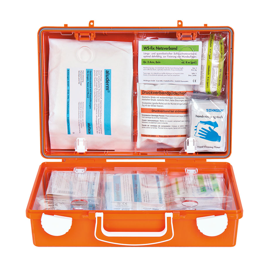 [U22215] Erste-Hilfe Koffer SN-CD NormPlus mit Füllung Norm DIN 13157, orange zusätzlich mit Erweiterungsset Plus