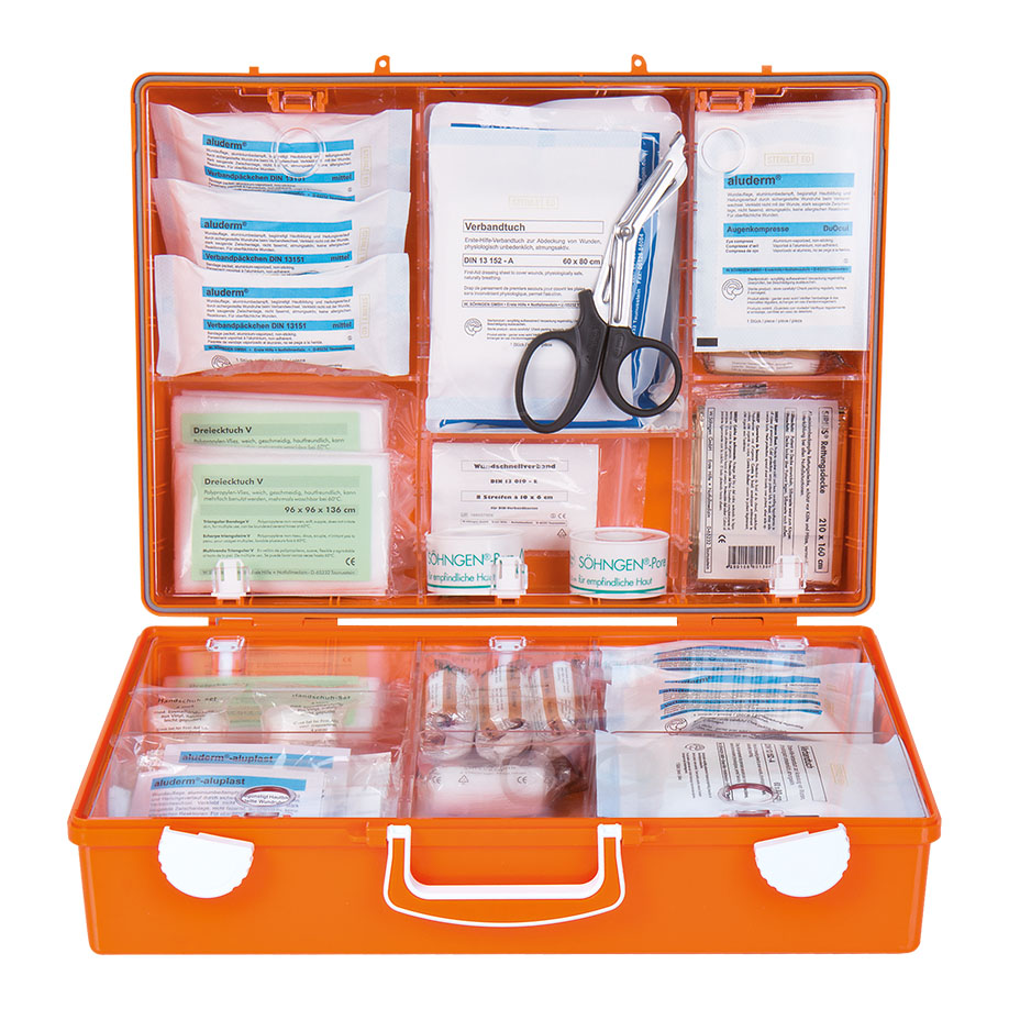 [U22446] Erste-Hilfe Koffer MT-CD mit Füllung Standard DIN 13169, orange mit Wandhalterung