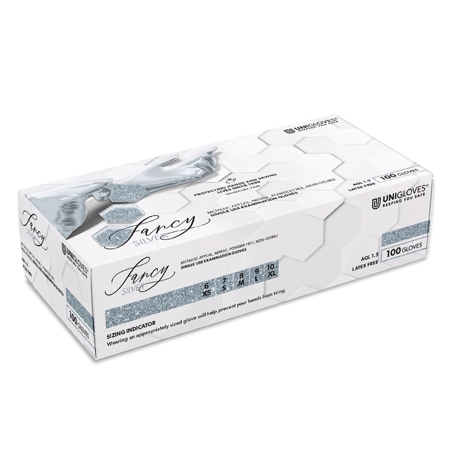 [U22652] Unigloves FANCY SILVER Nitril U.-Handschuhe Gr. XS (100 Stck.) unsteril, puderfrei, glänzend