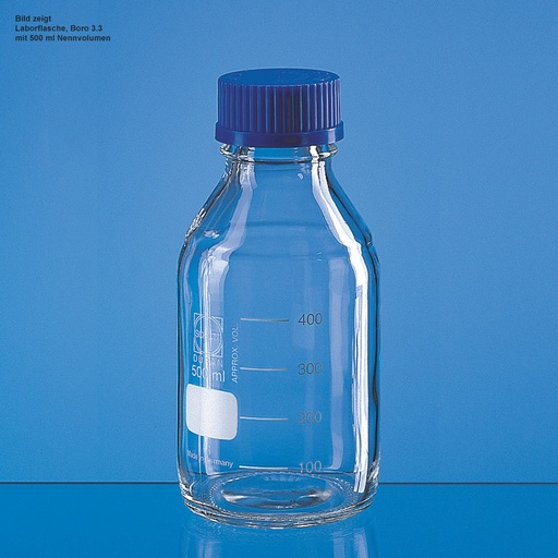 Laborflasche, Boro 3.3, 250 ml, mit Teilung, GL 45, mit Schraubkappe und Ausgießring PP – 10 Stück