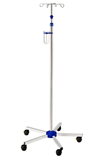 Edelstahl Infusionsständer mit Beschwerung, Doppellaufrollen Ø 50 mm mit Einhand-Sicherheitshöhenverstellung