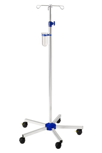Infusionsständer verchromt ohne Beschwerung, Doppellaufrollen Ø 50 mm mit Schraubhöhenverstellung