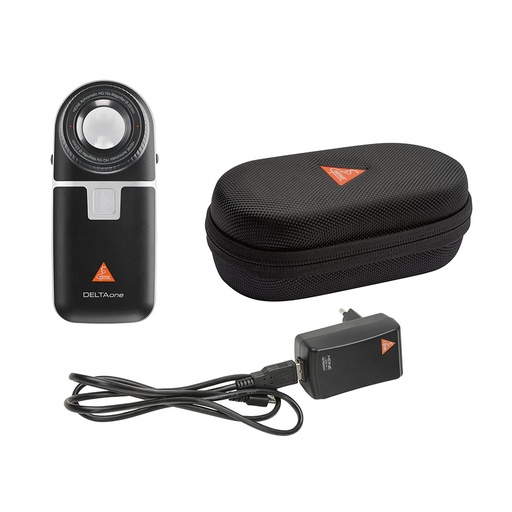 DELTAone Dermatoskop LED Standard Edition, schwarz-silber mit Kontaktscheibe mit Skala, USB Kabel mit med. zugelassenem Steckernetzteil und Etui