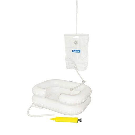 Haarwaschwanne-Set, bestehend aus: Haarwaschwanne aufblasbar Duschvorrichtung 10 Ltr. mit Wasserdurchlauf-Clip, Handpumpe